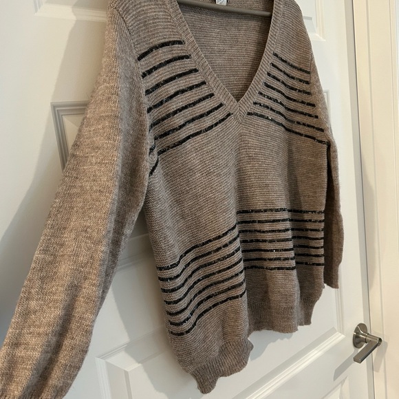 J Crew Alpaca Sequin V Neck Sweater Tan Black Size XL - Picture 5 of 10